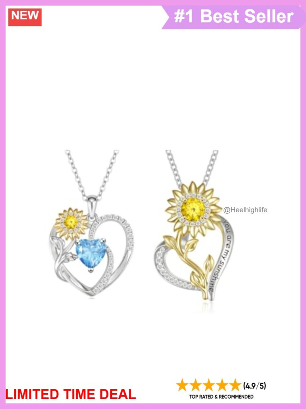 Sunflower Heart Birthstone Necklace 925 Sterling Silver 14K Gold Plated